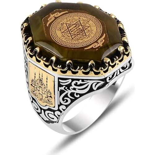 925 Sterling Silver Men Ring Original Hot Selling Rings Antique Pattern Amber Men Ring Vintage Jewelry Carving Pattern