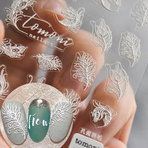 1pcs 5D Acrylic Engraved Nail Sticker Slider White Peacock Feather Self-Adhesive Nail Art Decals Decoration Accessory MYMG211