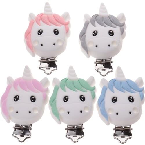 Food Grade 10pc Unicorn Silicone Clips Baby Teething Teether Necklace Accessories Infant Pacifier Holder Chain Nipple Clasps DIY