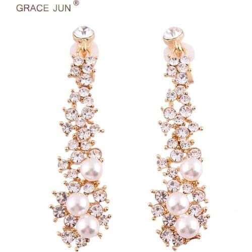 2018 New Arrival Rhinestone Simulated Pearl Long Clip on Earrings No Pierced for Women Luxury Fashion Pierced Earring Bijouterie