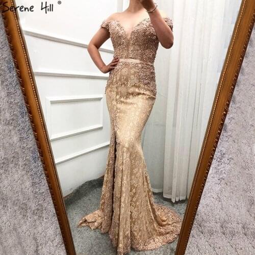 2020 Gold Lace Off Shoulder Sexy Prom Dresses Crystal Pearls Sleeveless Prom Party Gown Real Photo BLA60714