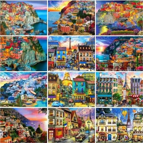 AZQSD Diamond Painting Town Seaside 5d Diy Home Decor Mosaic Diamond Embroidery House mountain Landscape Home Decor Crafts