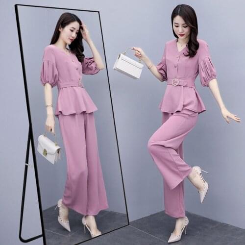 Wide Leg Pant Suits Chiffon Crop Top Autumn Summer Clothes Leisure Temperament New Fashion Korean Slim Two Piece Set For Women