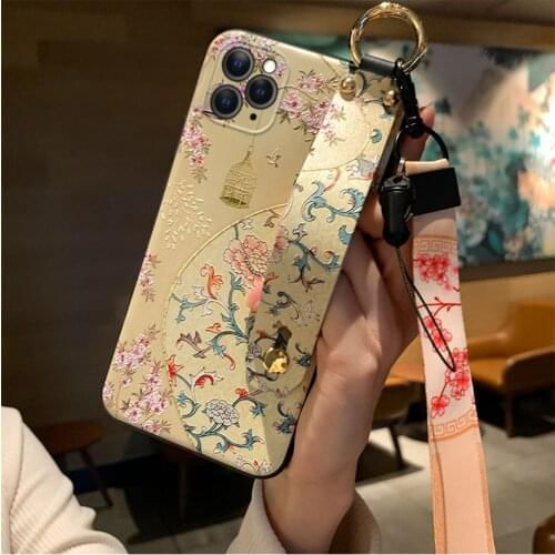 Cover For iPhone 11 Pro Max Chinese Design Phone Case Vintage Back Cover Embossed Relief Phone Case For iPhone11 Pro Max Lanyard