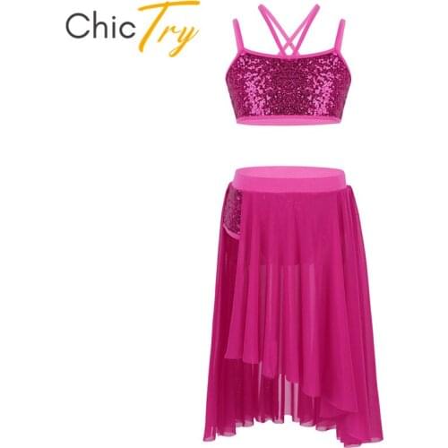 ChicTry Kids Teens Two-piece Sequins Stage Lyrical Dance Costumes Children Girls Gymnastics Ballet Tutu Skirt with Crop Top Set