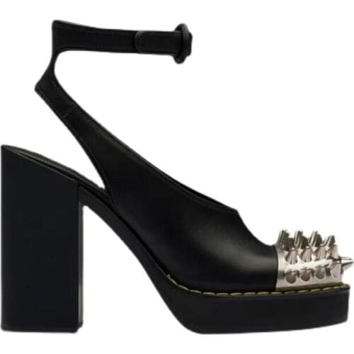 Hot Punk British Style Woman Black White Pink Genuine Leather Metal Rivets Slingback Pumps Female Square Toe Chunky Heels Shoes