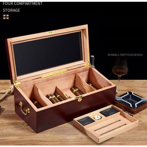 Retro Four grids Storage Cigar Box Spanish Cedar Wood Humidor Wine Red Portable Handy Transparent Display High-end Gift For Men