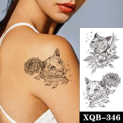 Lion Wolf Animal Temporary Tattoo Sticker Black Chrysanthemum Lotus Fake Tattoos Waterproof Tatoos Arm Large Size for Women Girl