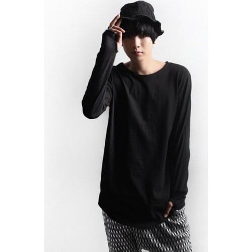 Mens new fashion trend pleated slim long sleeve boat collar T-shirt