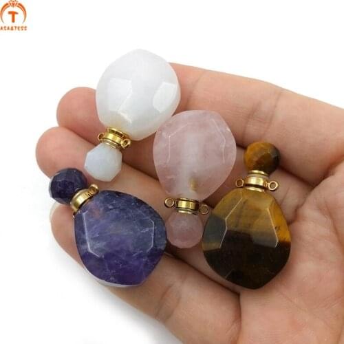Natural Amethysts Amazonite Perfume Bottle Pendant Healthy Crystal Quartz Urn Gems Vial Facted Stone Oils Diffuser Necklace