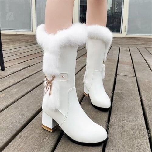 PXELENA 2020 new winter long womens boots waterproof faux leather boots Metal Decor round Toe fur Chunky high heels size 34-43