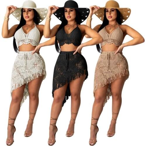 2021 Solid Crochet Bikini Set Hand Made Bra Crop Top Skirt Knitted Tassel Set Swimming Beach Hollow Out Sexy Two Piece Set Dress