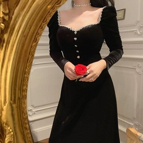 Fall / Winter 2021 New Square Neck Womens Dress Pin Bead Long Sleeve Sexy Tight Wrap Hip Retro Black Velvet Slim Dress 9342