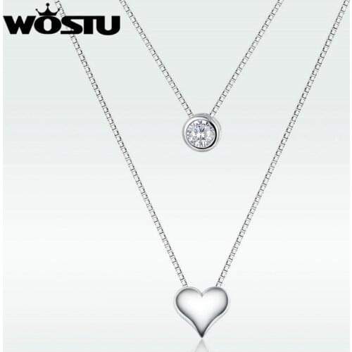 WOSTU 2020 Love Heart & Circle Round Pendant Necklace Rainbow Zircon Korean Double Long Chain For Women Wedding Jewelry SDTN087