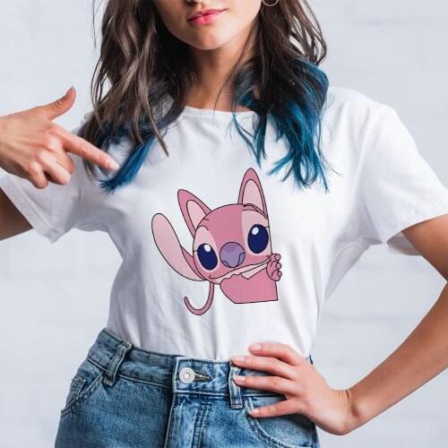 Disney Stitch Girlfriend Angel Couples Shirts Kawaii Graphic Preppy Style T-shirta Women University Fashion Couple Matching Tee