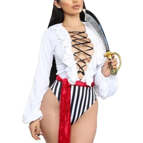Sexy Women Pirate Costume Female Halloween Cosplay Costumes Deep V Cool Party Dress Jack Sparrow Bodysuit+Belt 2Pcs