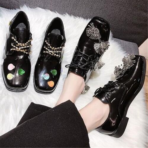 Woman Muffin Bottom Shoes Female Loafers Square Toe Shoes Zapatos De Mujer Patent Leather Fashion British Style Black Work Shoes