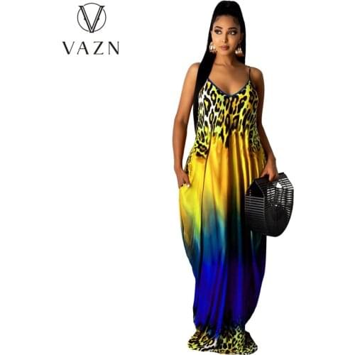 VAZN 2021 Top Quality Loose Spaghetti Strap Sleeveless Chiffon Long Dress Retro Holiday Nature Women Maxi Dress