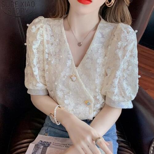 Hook Flower Hollow Tops Summer Women Blouses 2021 New Puff Sleeve Beading V-neck Fashion Lace Shirt Short Sleeve Blusas 15134