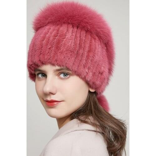 Real Mink Fur Hat Winter Womens High Quality Fashion Heart Shaped With Rhinestone Ball Hot Selling Beanie Style