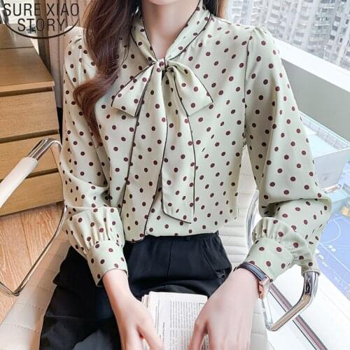 Bow Fashion Long Sleeve Loose Tops 2021 New Autumn Polka Dot Chiffon Shirts Women Blouses Casual Clothes Blusas Mujer 16649