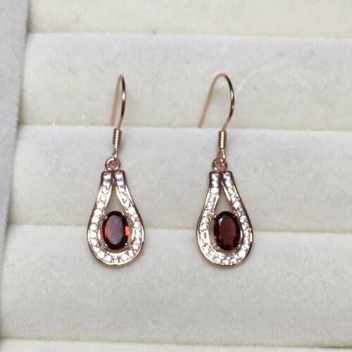 Women earrings red garnet stud earrings girl silver ornament oval natural gem 925 sterling silver natural gem Christmas gift