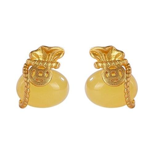 S925 sterling silver gold plated Natural Amber Beeswax Ear studs Retro Personality Coins Purse Ladies Earrings