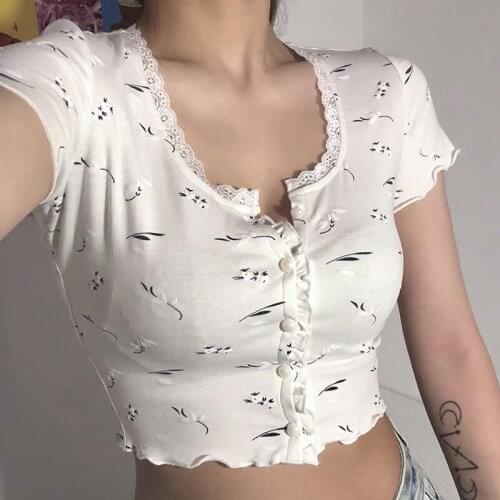 Sweet Ruffles White Crop Top Lace Trim O-neck Short Sleeve T-shirt Women Summer Slim Fit Tops Tees Harajuku Streetwear Clothes