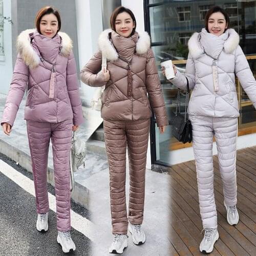 Winter New Foreign Suit Female Korean Version Down Cotton Jacket Thick Warm Cotton Trousers Two-Piece Suit Ensemble Femme
