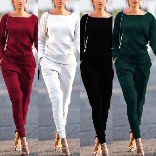 2020 New 2Pcs Women Spring Solid Color Ribbed O Neck Top Drawstring Pants Sport Tracksuit