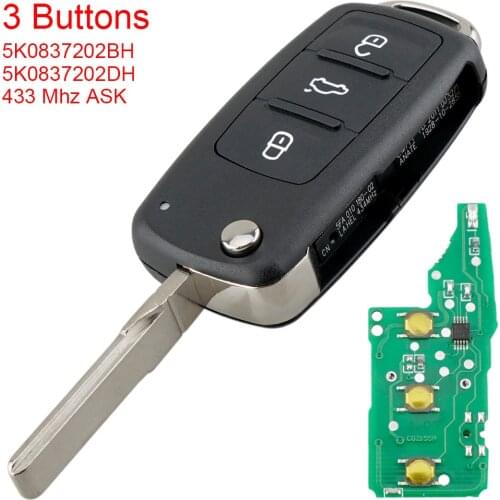 3 Buttons 433MHz ASK Remote Key Fob 5K0837202BH 5K0837202DH for VW Caddy Transporter Beetle Jetta Sharan Scirocco Polo Tiguan