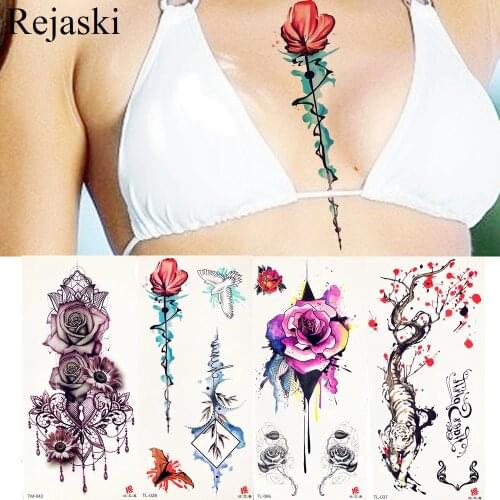 Watercolor Rose Under Breast Temporary Tattoo Stickers Girls Body Chest Art Waterproof Tatoos Branch Women Flash Tattoos Flower