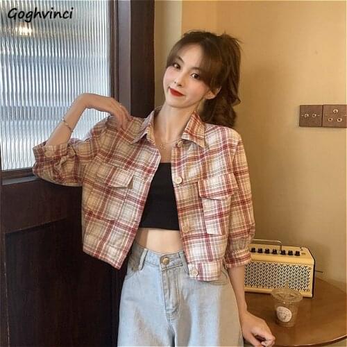 Basic Jackets Women Crop Top Plaid Three Quarter Sleeve Korean Style Streetwear All-match Female Outwear Chic Fashion Vintage