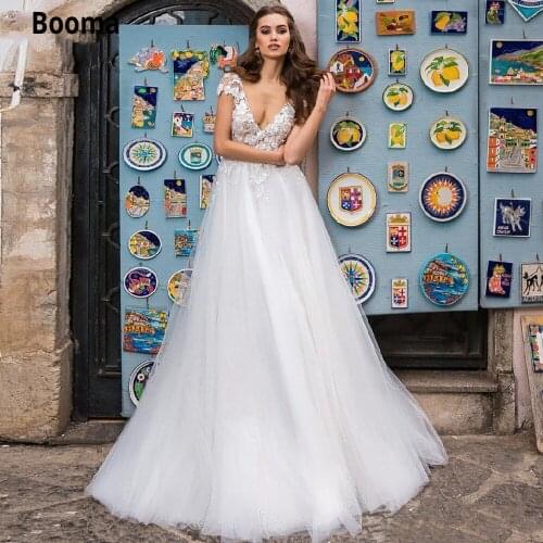 Booma White Wedding Dresses Lace Appliaues 3D Flowers Sexy Double V-neck Beach Boho Tulle Bridal Gown Floor Length Plus Size