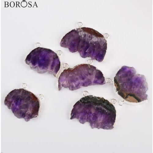 BOROSA 5/10PCS Silver Color Natural Amethysts Druzy Slice Connector Gems Natural Purple Crystal Drusy for Necklace Jewelry S1831