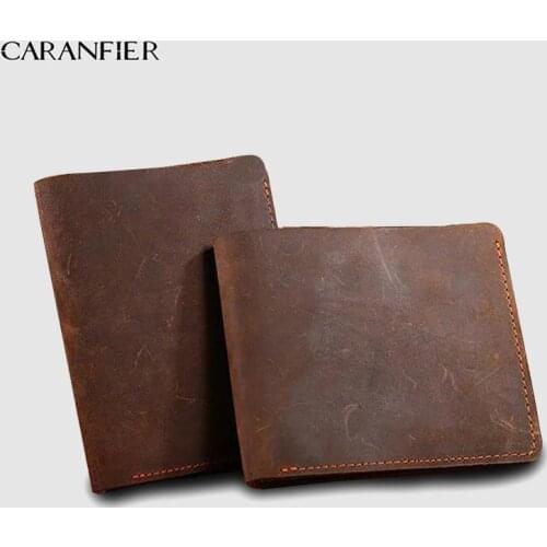 CARANFIER Short Bi-fold Mens Wallets Top Genuine Cowhide Leather Purse Unisex Credit Card Holder Business Male Multi-layer Bags
