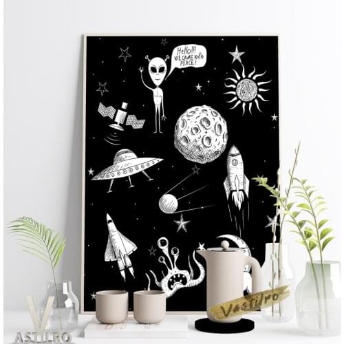 Black White Cartoon Universe Expedition Poster Sun Moon Star Planet Wall Picture Satellite Rocket UFO Art Prints Kids Room Decor