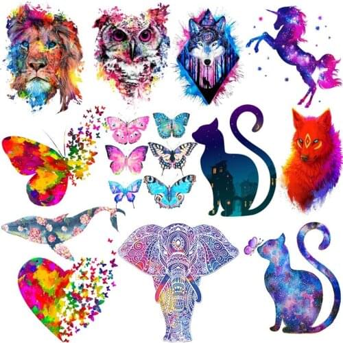Colorful Animals Butterfly Heat Transfer For Clothing Iron On Cat Lion Transfers For Clothes Applique Stickers For DIY T- shirt