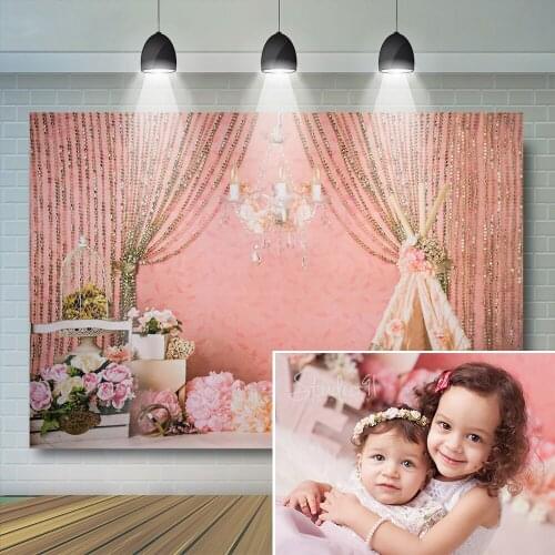 Pink Curtain Cake Smash Photography Backdrop Baby Birthday Party Kids Girl Floral Rose Banner Child Boy Background Photo Studio