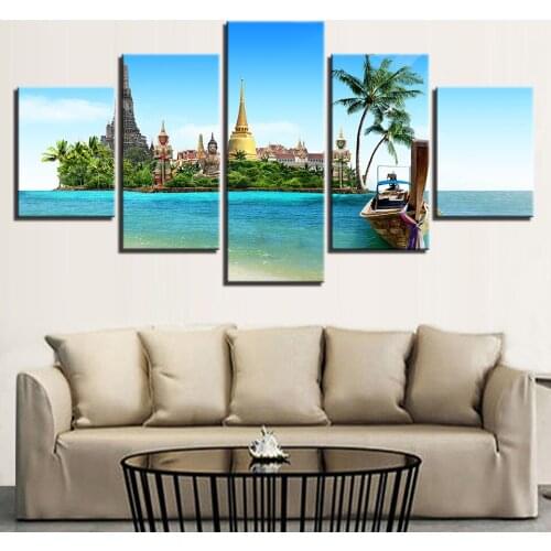 Canvas HD Prints Paintings Living Room Decor 5 Pieces Tropical Island Pictures Thailand Pattaya Buddha Poster Wall Art(No Frame)