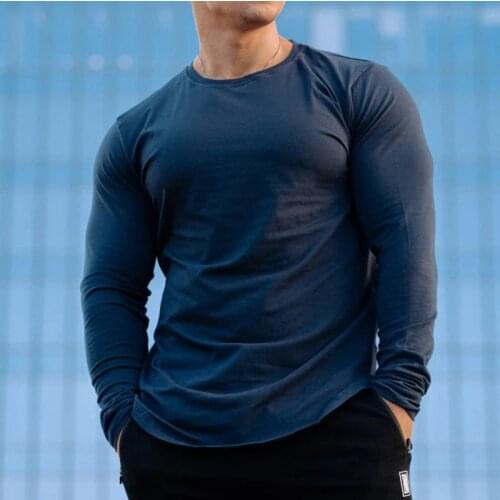 Men Long Sleeve Tshirt Curved Hem Tshirt Bodybuilding Muscle Workout Fitness Shirt Solid Color Men Undershirt