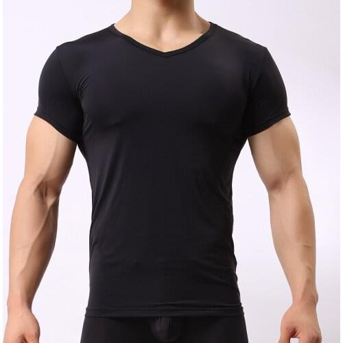 Man Undershirt Ice Silk Sheer T Shirts Male Nylon V-neck Short Sleeves Tops Ultra-thin Mens Tank Undershirt Underwear