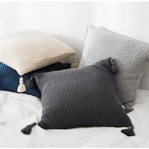Knitted Cushion Cover Vintage Grey Ivory Tassels Geometric Pillow Case 45cm*45cm Soft Home Decorative Pillow cover