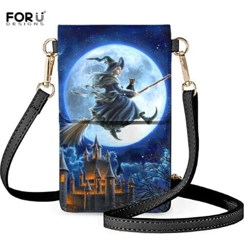 FORUDESIGNS Luxury Women Pu Leather Mobile Phone Pouch Happy Halloween Printing Female Casual Handbags Mini Crossbody Bags 2021