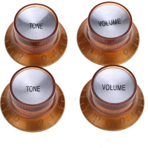 Musiclily Pro Inch Size Guitar Reflector Knobs Top Hat Bell 2 Volume 2 Tone Knobs for USA Made Les Paul SG,Amber with Silver Top