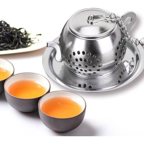 Tea Infuser Stainless Steel Tea Strainer Teapot Shape Infusers Tray with Chain Filter for Brewing Teas Teaware Accessories