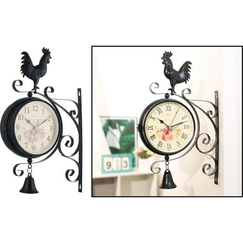Outdoor Wall Clock Hanging Retro Double Sided Battery Powered Metal Mount Vintage Garden Coffee Bar Decoration Round Station