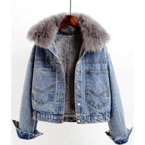 Autumn Winter Jacket Fashion Real Fur Collar Women Bomber Jacket Female Wool Lining Denim Jacket for Women Warm Jeans Coat Y173