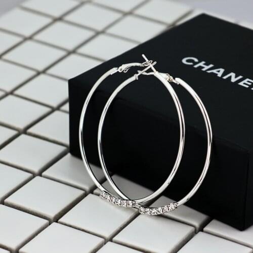 BLIJERY New Fashion Silver Color Hoop Earrings for Women Big Round Circle Earrings with Rhinestones Wedding Party Brincos Femme