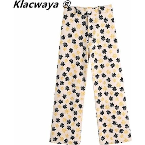 Klacwaya Women 2021 Vintage Floral Print Casual High Waist Wide Leg Pants Retro Female Chic Color Match Ankle Length Trousers